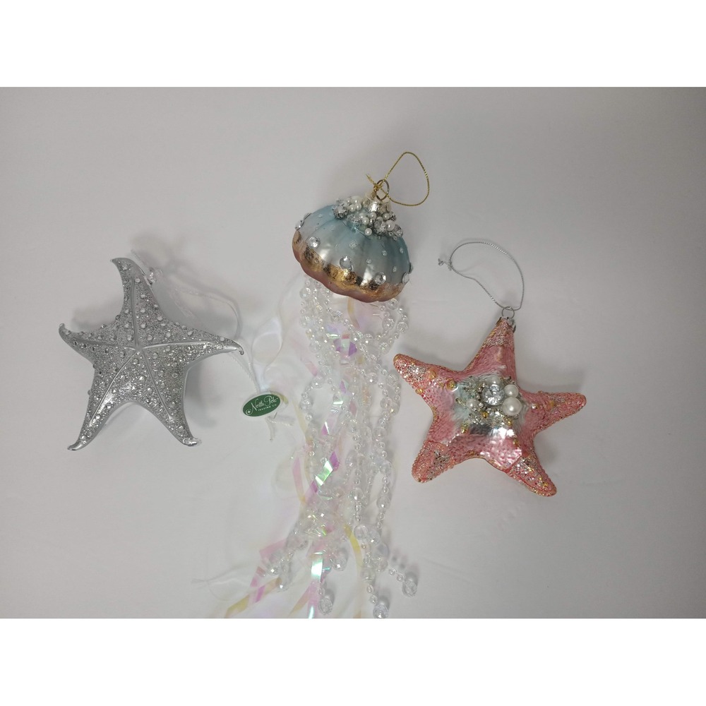 North Pole Trading Co Coastal Ornament Set: Jellyfish Starfish's Glass XMAS